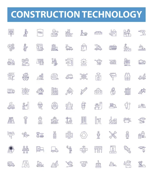 Icônes Ligne Technologie Construction Enseignes Ensemble Collection Construction Technologie Bâtiment — Image vectorielle