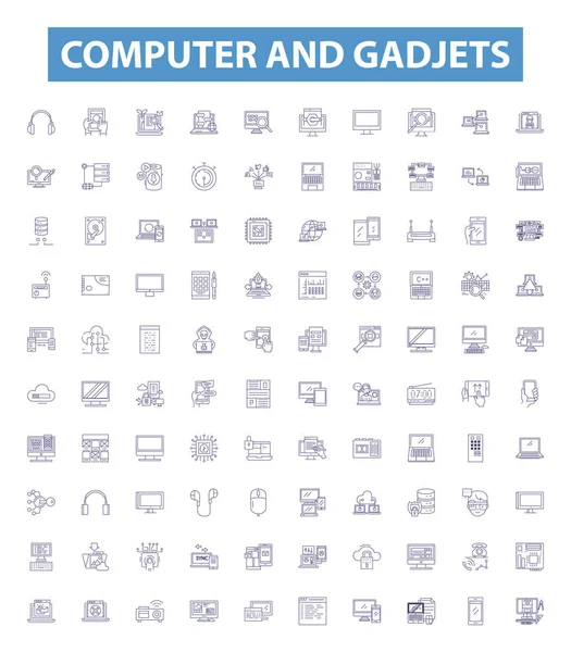 stock vector Computer and gadjets line icons, signs set. Collection of Hardware, Software, Networking, Laptops, Monitors, Printers, Scanners, Routers, Modems outline vector illustrations.