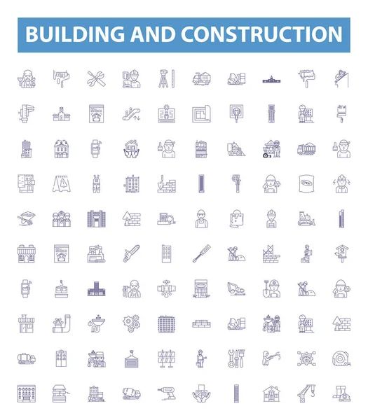 Building Construction Line Icons Signs Set Collection Architecture Engineering Masonry — Stock Vector