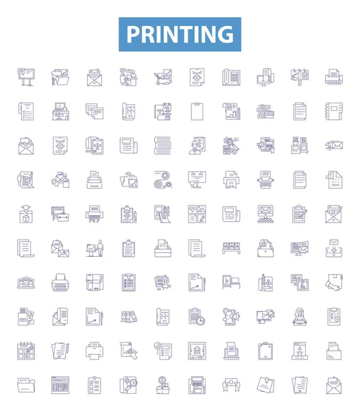 Printing Line Icons Signs Set Collection Printing Ink Paper Laser — Stock Vector