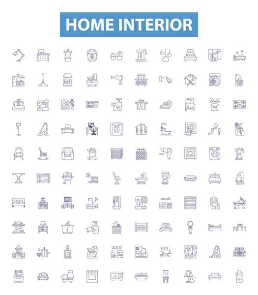 Home Interior Line Icons Signs Set Collection Decor Furnishings Design — Stock Vector