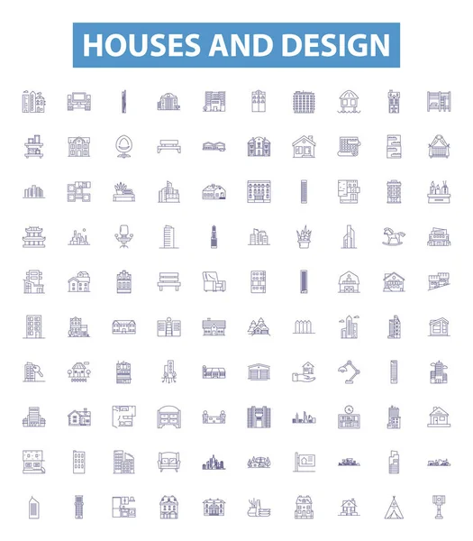 Houses Design Line Icons Signs Set Collection Architecture Structures Interiors — Stock Vector