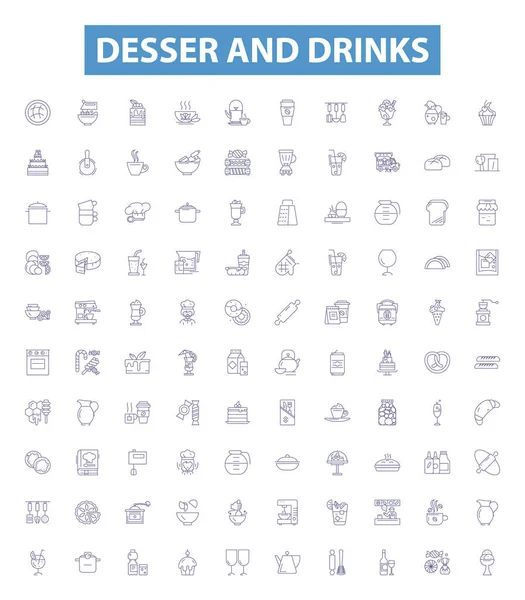 Desser Bebidas Línea Iconos Letreros Establecidos Colección Postres Bebidas Cóctel — Vector de stock