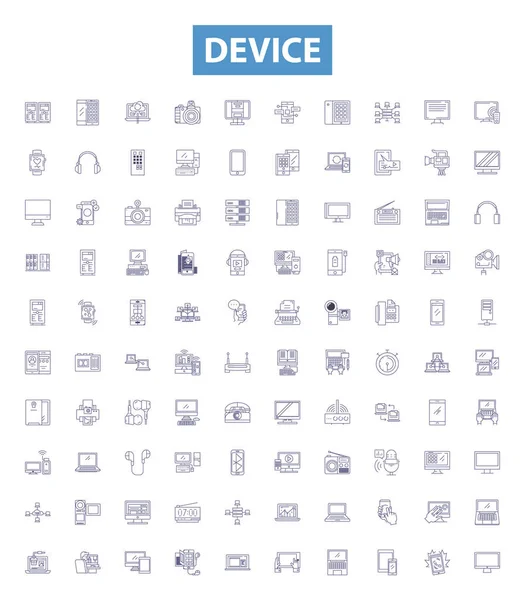 stock vector Device line icons, signs set. Collection of Device, Gadget, Tool, Equipment, Implement, Gizmo, Contraption, Mechanism, Apparatus outline vector illustrations.