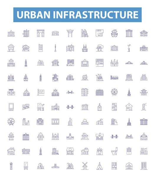 Ikony Infrastruktury Miejskiej Znaki Ustawione Kolekcja Cityscape Drogi Mosty Koleje — Wektor stockowy