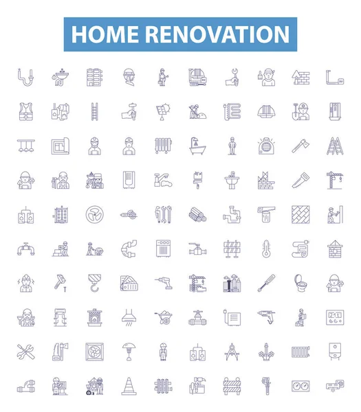 Home Renovation Line Icons Signs Set Collection Renovate Remodel Redecorate — Stock Vector