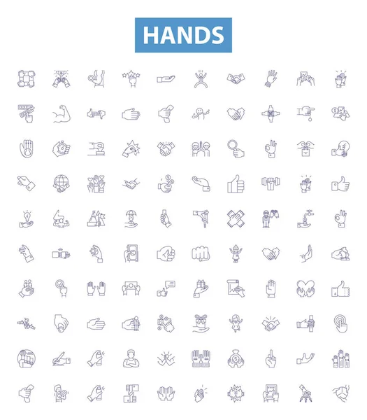 Hands Line Icons Signs Set Collection Palms Clenched Reach Squeeze — Stock Vector