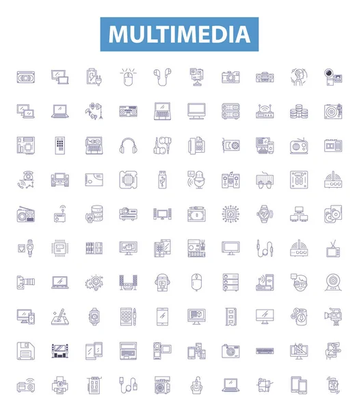Multimedialne Ikony Linii Znaki Ustawione Kolekcja Audio Video Grafika Animacja — Wektor stockowy