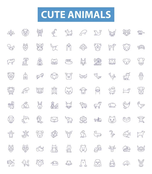 Χαριτωμένα Ζώα Γραμμή Εικονίδια Πινακίδες Που Συλλογή Γούνινο Γατάκια Κουτάβια — Διανυσματικό Αρχείο