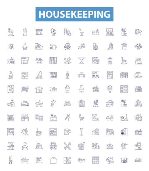 Housekeeping Line Icons Signs Set Collection Cleaning Maintenance Disinfecting Dusting — Stock Vector