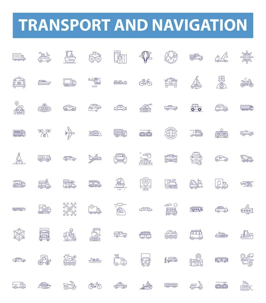 stock vector Transport and navigation line icons, signs set. Collection of Transportation, Navigation, Ships, Planes, Boats, Roads, Maps, Tracks, Cars outline vector illustrations.