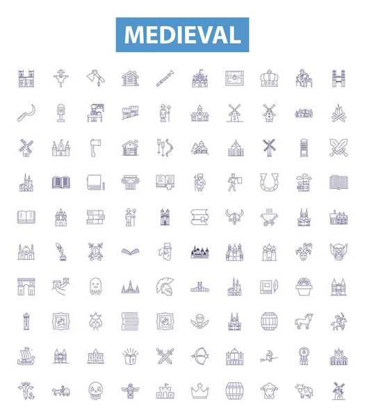 stock vector Medieval line icons, signs set. Collection of Medieval, Knights, Castles, Armor, Monarchs, Feudalism, Crusades, Churches, Cathedrals outline vector illustrations.