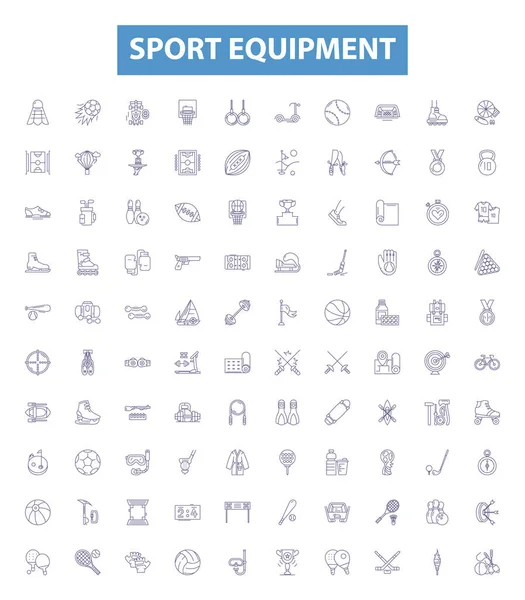 stock vector Sport equipment line icons, signs set. Collection of Gear, Balls, Racquets, Nets, Footwear, Headgear, Helmets, Padding, Whistles outline vector illustrations.