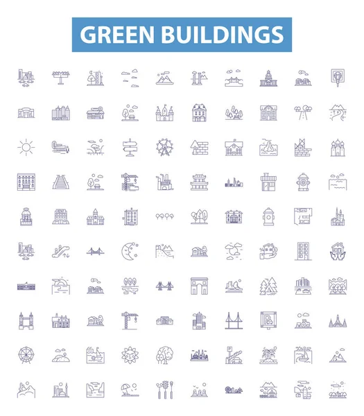 Zelené Budovy Lemují Ikony Značky Nastaveny Kolekce Ekologických Udržitelných Obnovitelných — Stockový vektor