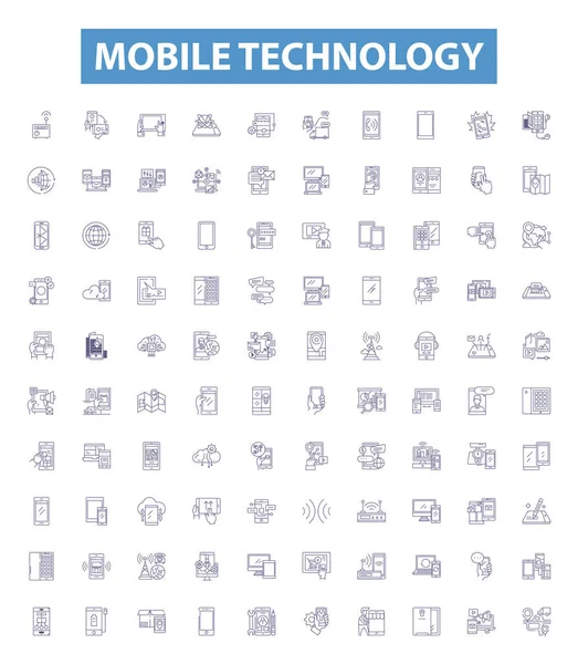 Mobile Technology Line Icons Signs Set Collection Smartphone Apps Network — Stock Vector