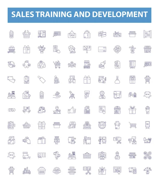 Szkolenia Sprzedażowe Ikony Linii Rozwoju Tablice Ustawione Kolekcja Sprzedaży Szkolenia — Wektor stockowy