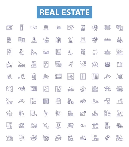 Лінія Нерухомості Піктограми Знаки Встановлені Колекція Майна Будинків Землі Будинків — стоковий вектор