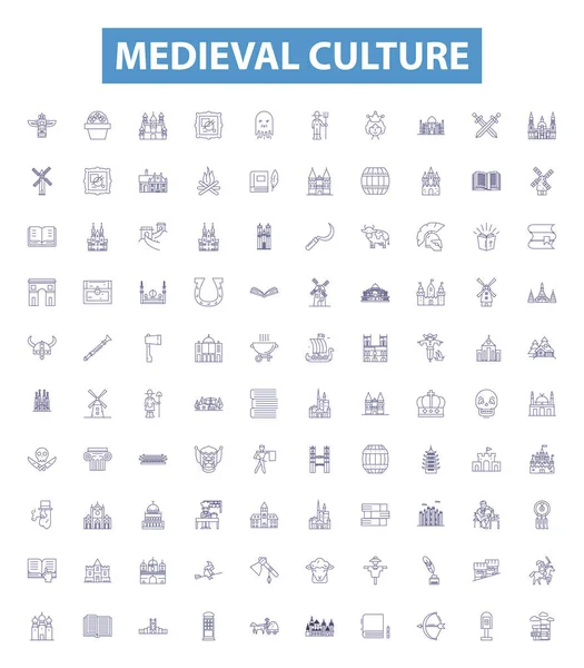 Medieval Culture Line Icons Signs Set Collection Knights Chivalry Feudalism — Stock Vector