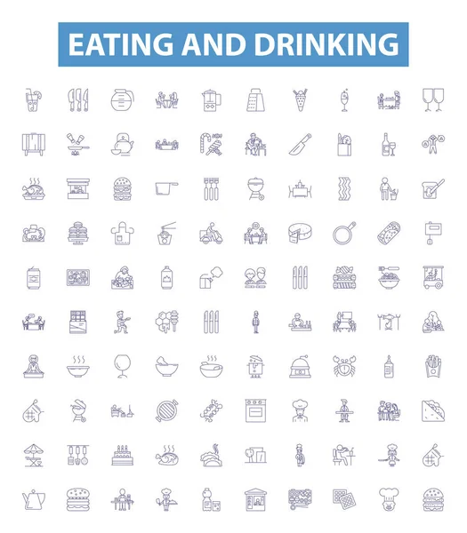 Eating Drinking Line Icons Signs Set Collection Dining Feasting Banqueting — Stock Vector