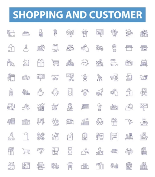 ショッピングや顧客ラインのアイコン 標識を設定します ショッピング お得な情報 チェックアウト 商品の概要のベクトルイラストのコレクション — ストックベクタ