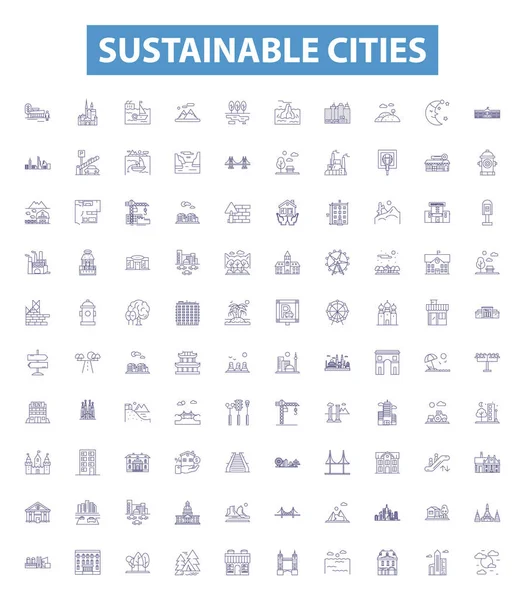 Sürdürülebilir Şehirler Çizgisi Simgeleri Tabelaları Çevre Dostu Yeşil Sorumlu Yenilenebilir — Stok Vektör