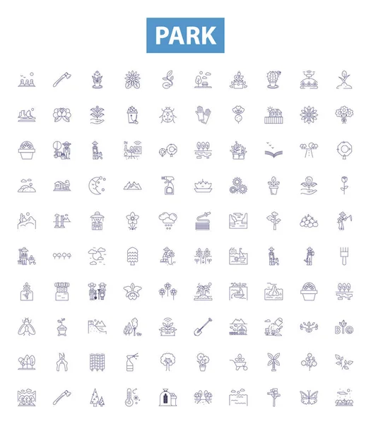 Park line icons, signs set. Collection of Park, Parkland, Amusement, Recreation, Forest, Nature, Trails, Picnic, Open space outline vector illustrations.