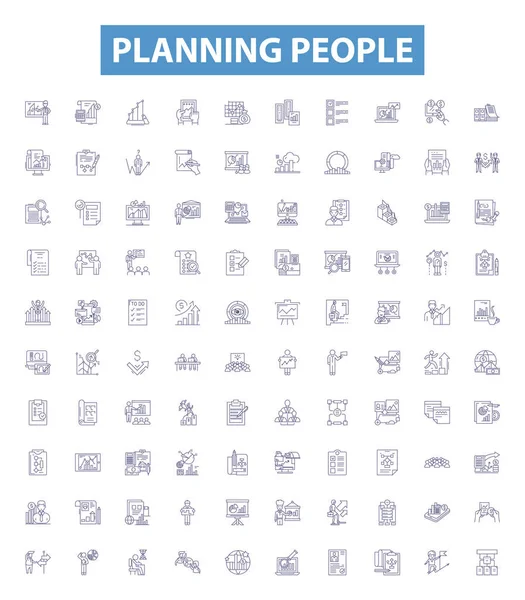 Planificación Gente Línea Iconos Letreros Establecidos Colección Programación Organización Planificación — Vector de stock