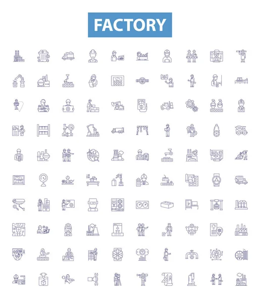 Factory Line Icons Signs Set Collection Factory Manufacturing Industrial Plant — Stock Vector