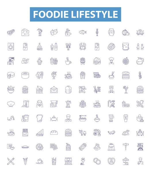 Foodie Lifestyle Line Icons Signs Set Collection Gourmet Cuisine Binging — Stock Vector