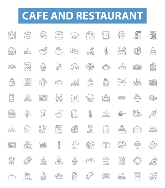 Kafe ve restoran hattı simgeleri, tabelalar hazır. Kafe, restoran, mutfak, menü, malzemeler, tarifler, hazırlık, sunum, kaplama vektör çizimleri koleksiyonu.