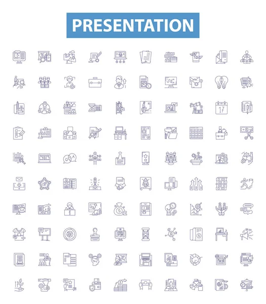 Presentation Line Icons Signs Set Collection Presentation Speech Talk Slideshow — Stock Vector