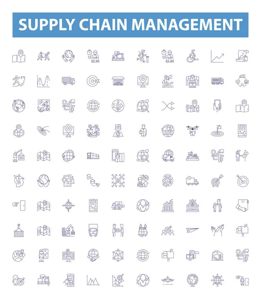 Ikony Linii Zarządzania Łańcuchem Dostaw Zestaw Znaków Zbieranie Źródeł Logistyka — Wektor stockowy