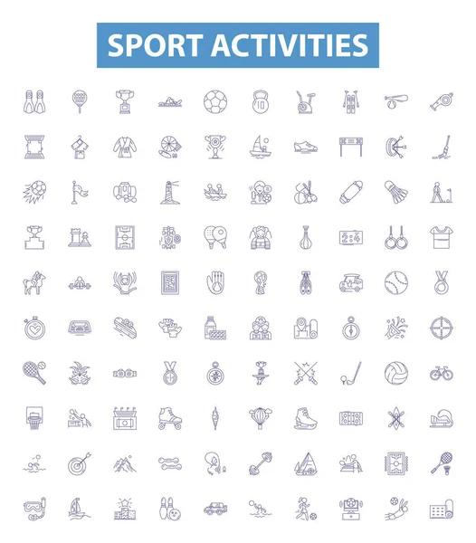 Actividades Deportivas Iconos Línea Letreros Establecidos Colección Atletismo Rugby Tenis — Vector de stock