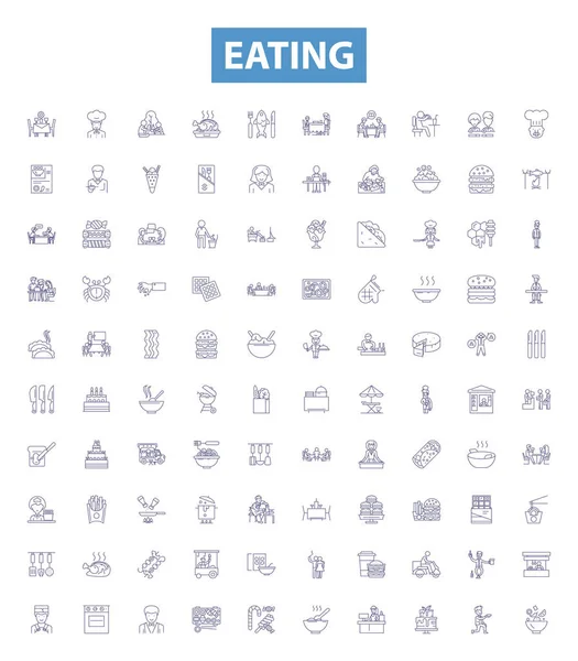 Eating Line Icons Signs Set Collection Munching Scoffing Chewing Binging — Stock Vector