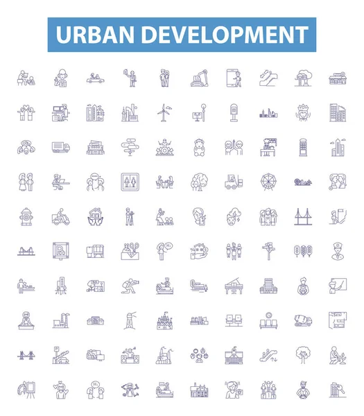 Ikony Linii Rozwoju Miast Znaki Ustawione Zbiór Urbanizacja Planowanie Infrastruktura — Wektor stockowy