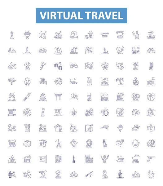 Virtuele Reislijn Pictogrammen Borden Ingesteld Verzameling Van Virtuele Objecten Reizen — Stockvector