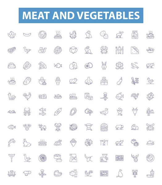 stock vector Meat and vegetables line icons, signs set. Collection of meat, vegetables, protein, nutrition, diet, health, wellness, cooking, grilling outline vector illustrations.