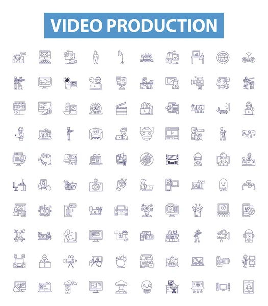 Ícones Linha Produção Vídeo Sinais Definidos Coleção Cinematografia Filmagem Edição —  Vetores de Stock