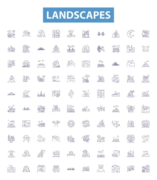 Landscapes Line Icons Signs Set Collection Vista Scenery Terrain Skyline — Stock Vector