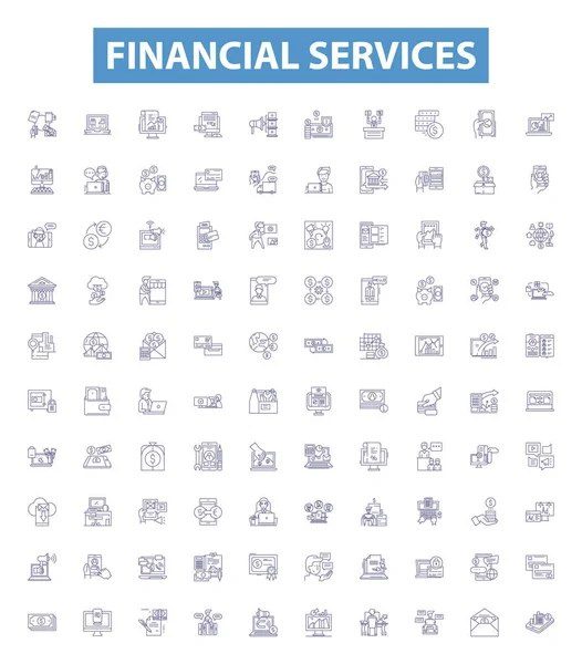 Иконки Линий Финансовых Услуг Таблички Инвестиции Страхование Торговля Благосостояние Кредиты — стоковый вектор