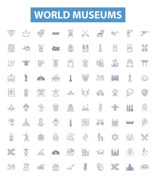Wereldmusea Lijn Pictogrammen Borden Ingesteld Collectie Van Musea Wereld Globaal — Stockvector
