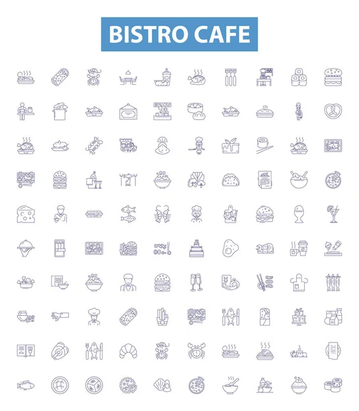 Bistro kafe çizgisi simgeleri, tabelalar hazır. Bistro, Cafe, Akşam Yemeği, Restoran, Mutfak, Kahve, Kahvaltı, Öğle Yemeği, Akşam Yemeği.