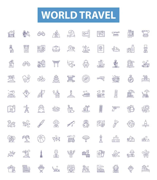 Iconos Línea Viaje Mundial Letreros Listos Colección Viaje Tour Expedición — Vector de stock