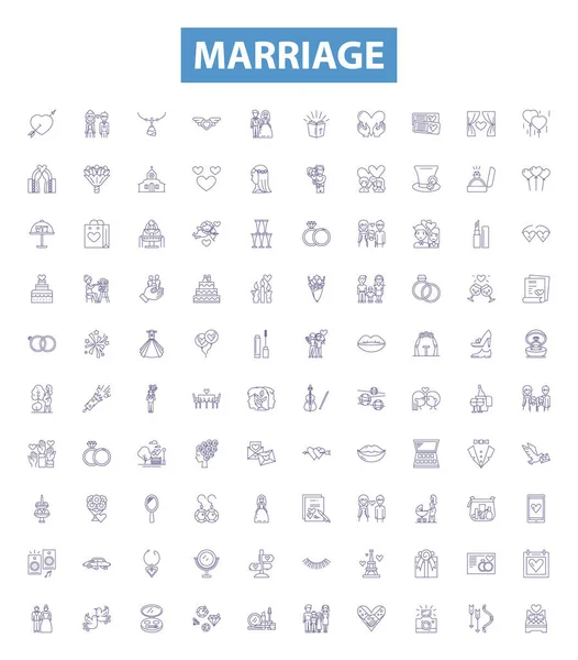 Iconos Línea Matrimonio Letreros Colocados Colección Nupcias Unión Casado Matrimonio — Archivo Imágenes Vectoriales