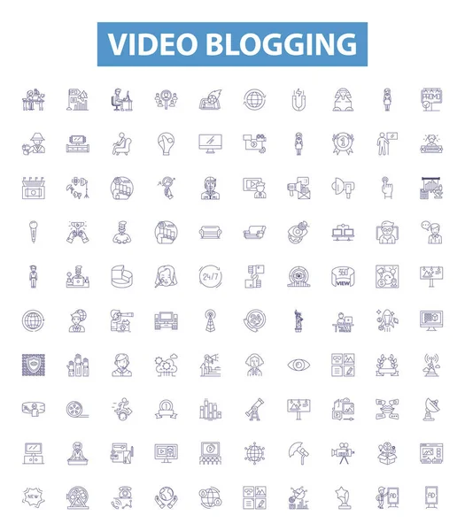 视频博客线图标 标志设置 Vlog Video Blog Videoblogging Videocasting Vlog Vloggers Video — 图库矢量图片