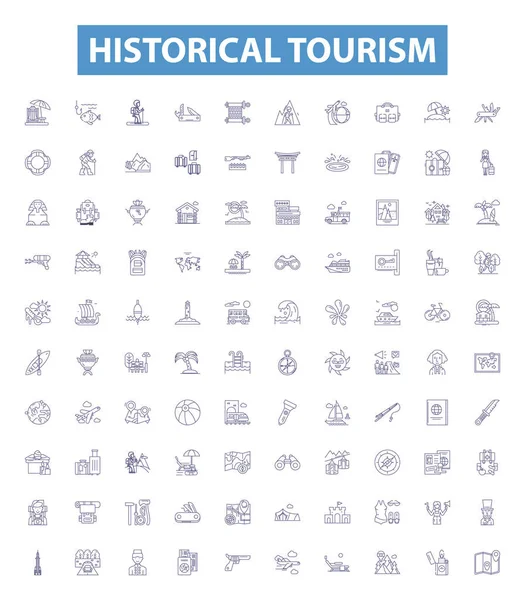 Ícones Linha Turismo Histórico Sinais Definidos Coleção Patrimônio Cultural Antiguidades —  Vetores de Stock