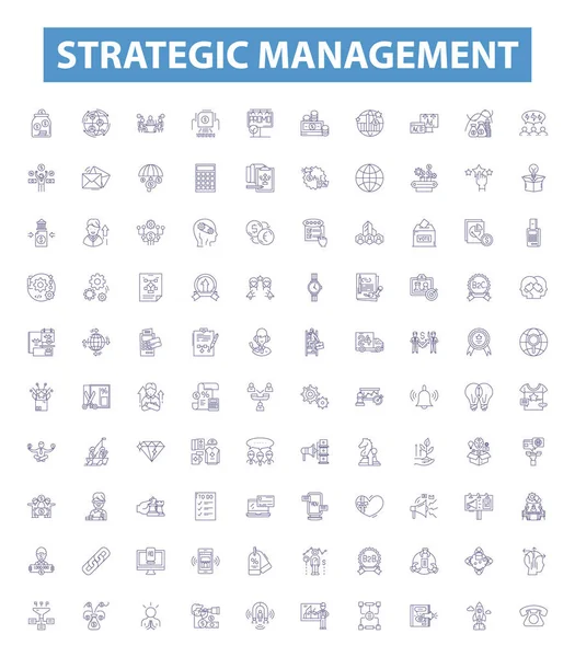 Ikony Linii Zarządzania Strategicznego Znaki Ustawione Zbiór Planowanie Wykonywanie Przegląd — Wektor stockowy