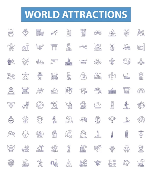 World Attractions Line Icons Signs Set Collection Sites Destinations Attractions — Stock Vector