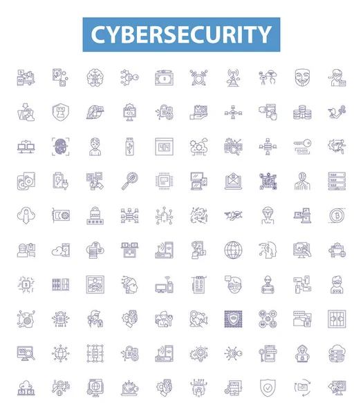 Іконки Лінії Кібербезпеки Знаки Встановлені Collection Cybersecurity Network Security Attack — стоковий вектор