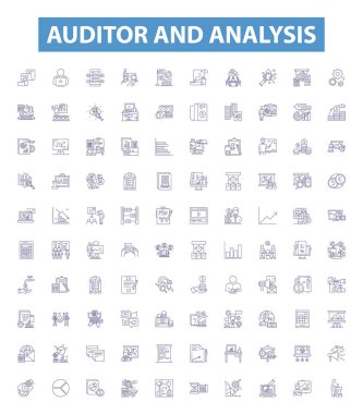 Auditor and analysis line icons, signs set. Collection of Auditor, Analysis, Auditing, Analyzing, Evaluating, Scrutiny, Inspecting, Reviewing, Studying outline vector illustrations. clipart